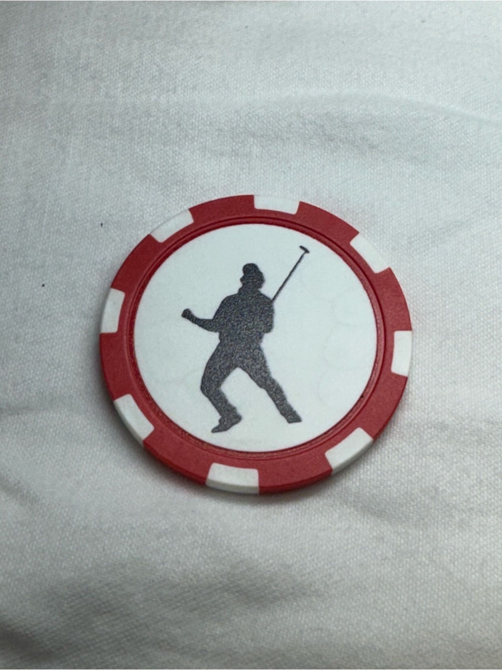 Red and White Poker Chip Golf Ball Marker with Golfer Silhouette - Bryson